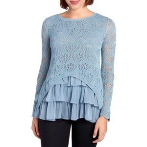 Pointelle knit layered ruffle sweater
